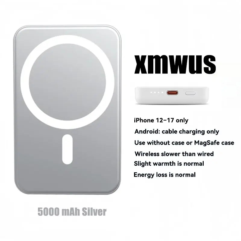 XMWUS 5000Mah Magnetic Power Bank, Wireless Portable Charger for Iphone 12-17 Series, Compatible with Magsafe Cases