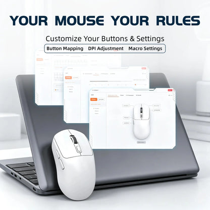T-WOLF X4 59G Ultra Lightweight Wireless Gaming Mouse, Tri-Mode Rechargeable Multi-Device Mouse, 1000Hz Polling Rate, Programmable Mouse Driver Support, Sticker Kit for Personal Style, Fast Response Gamer Stuff for PC Gaming & Desk Setup, White & Black