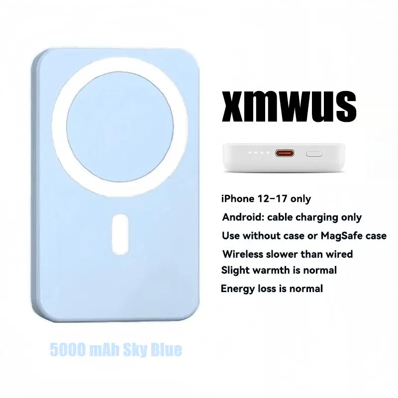 XMWUS 5000Mah Magnetic Power Bank, Wireless Portable Charger for Iphone 12-17 Series, Compatible with Magsafe Cases