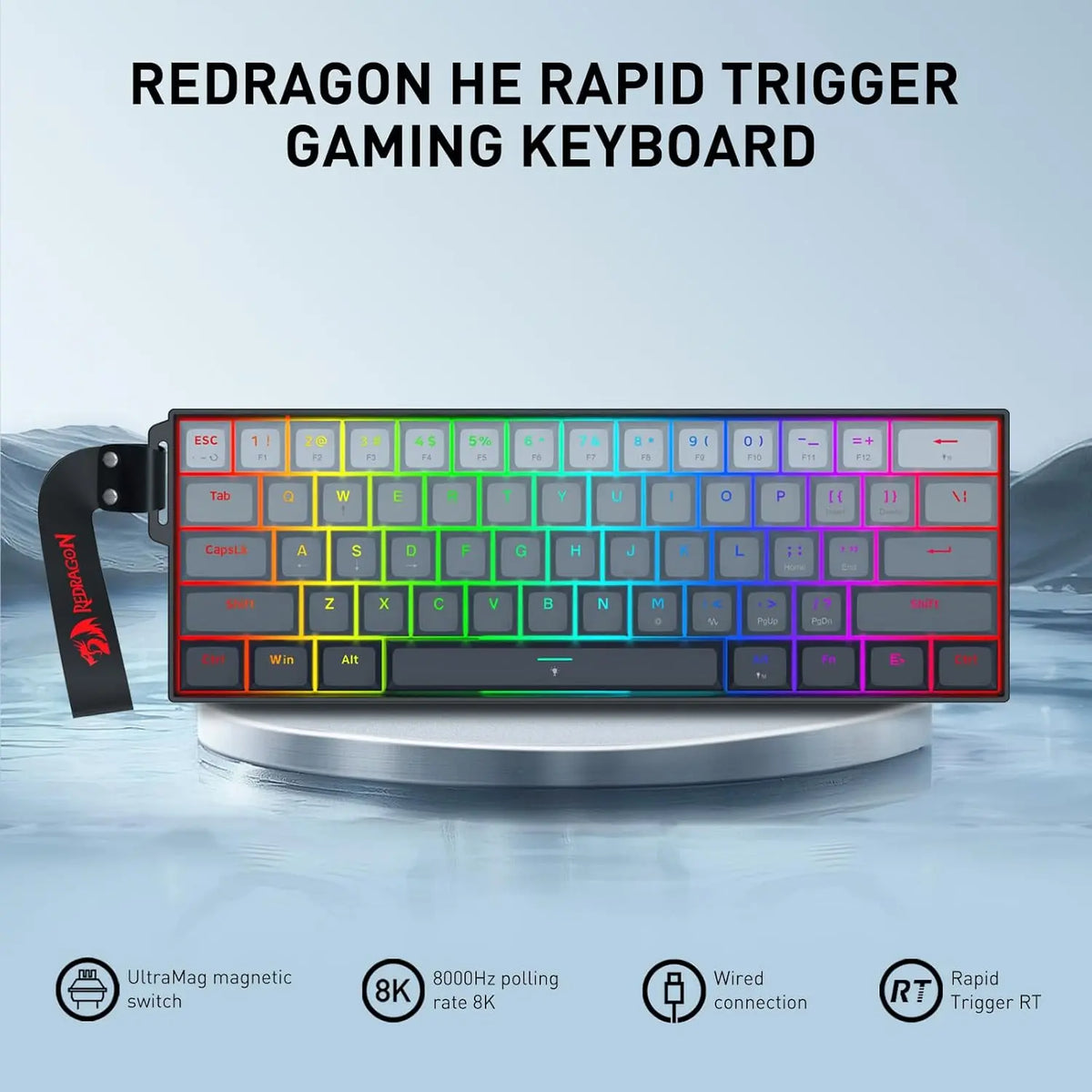 Redragon K617 HE Wired Hall-Effect Rapid Trigger Magnetic Gaming Keyboard - 8K Polling, Adjustable Actuation, 61-Keys Design for More Aim Room, Swap-Ready Mod Socket, RGB Pro Software Supported, for PC Gamers