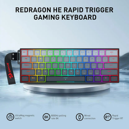 Redragon K617 HE Wired Hall-Effect Rapid Trigger Magnetic Gaming Keyboard - 8K Polling, Adjustable Actuation, 61-Keys Design for More Aim Room, Swap-Ready Mod Socket, RGB Pro Software Supported, for PC Gamers