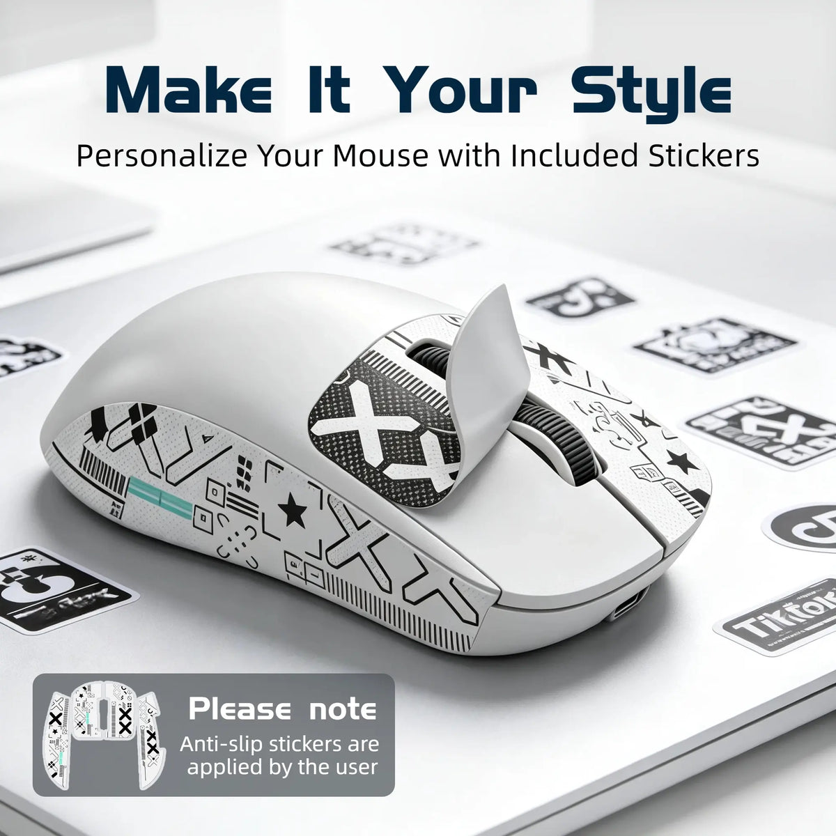 T-WOLF X4 59G Ultra Lightweight Wireless Gaming Mouse, Tri-Mode Rechargeable Multi-Device Mouse, 1000Hz Polling Rate, Programmable Mouse Driver Support, Sticker Kit for Personal Style, Fast Response Gamer Stuff for PC Gaming & Desk Setup, White & Black