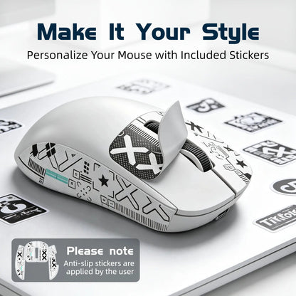 T-WOLF X4 59G Ultra Lightweight Wireless Gaming Mouse, Tri-Mode Rechargeable Multi-Device Mouse, 1000Hz Polling Rate, Programmable Mouse Driver Support, Sticker Kit for Personal Style, Fast Response Gamer Stuff for PC Gaming & Desk Setup, White & Black