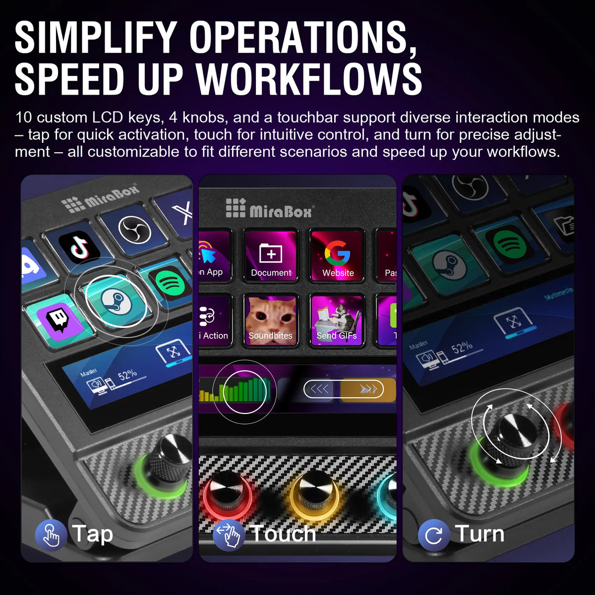 Mirabox Programmable USB Macro Pad Shortcut Keyboard for Gamers - 10 Visual LCD Keys, 4 Knobs, Touchbar Screen, Pc/Mac Desk Accessories, Streaming Equipment for OBS, Streamlabs, Twitter, Youtube, Excel Office Setup