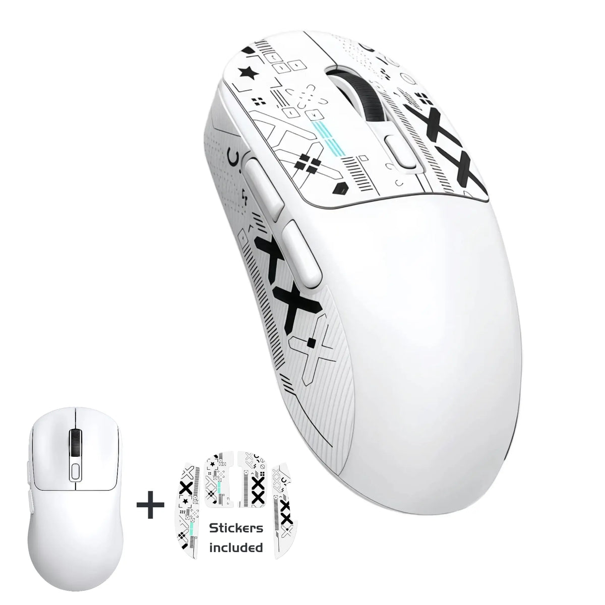 T-WOLF X4 59G Ultra Lightweight Wireless Gaming Mouse, Tri-Mode Rechargeable Multi-Device Mouse, 1000Hz Polling Rate, Programmable Mouse Driver Support, Sticker Kit for Personal Style, Fast Response Gamer Stuff for PC Gaming & Desk Setup, White & Black