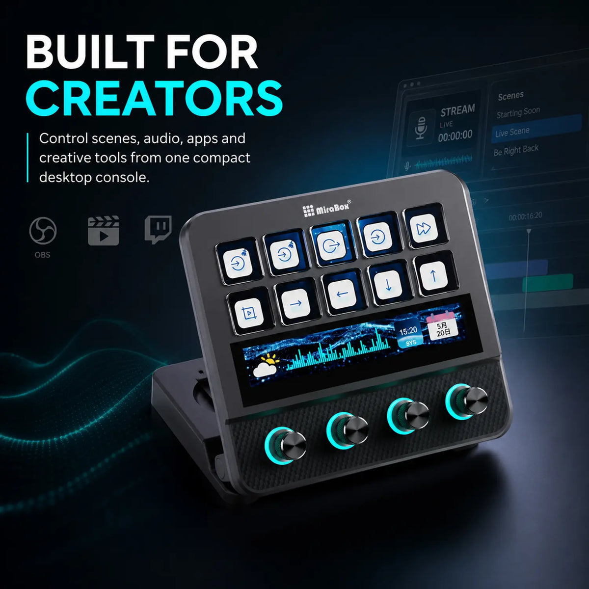 Mirabox Programmable USB Macro Pad Shortcut Keyboard for Gamers - 10 Visual LCD Keys, 4 Knobs, Touchbar Screen, Pc/Mac Desk Accessories, Streaming Equipment for OBS, Streamlabs, Twitter, Youtube, Excel Office Setup