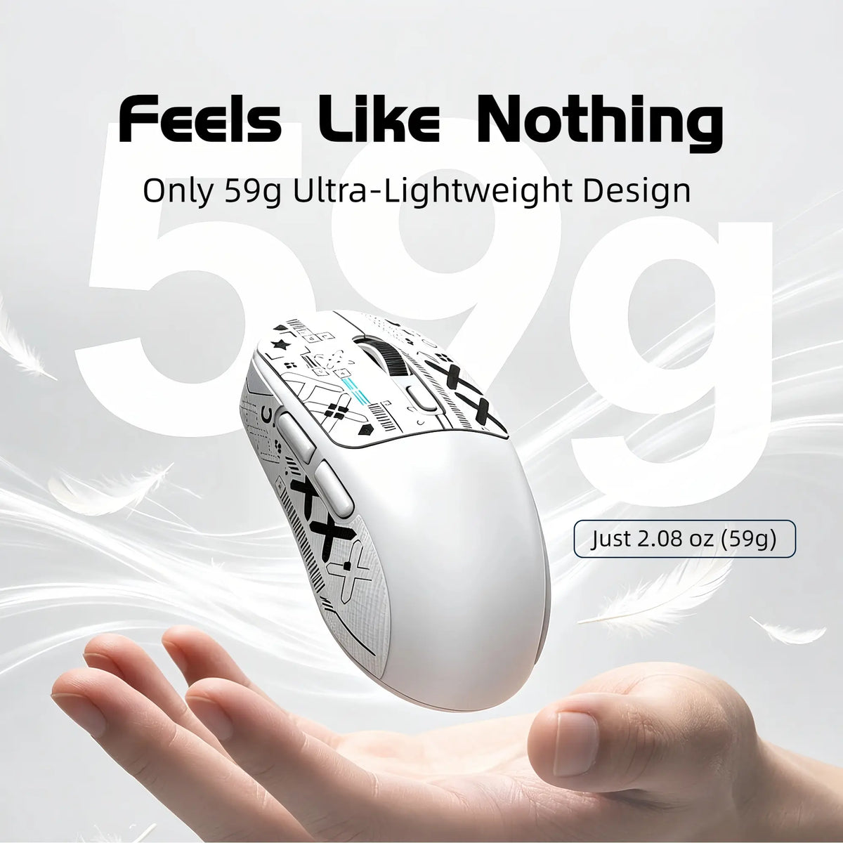 T-WOLF X4 59G Ultra Lightweight Wireless Gaming Mouse, Tri-Mode Rechargeable Multi-Device Mouse, 1000Hz Polling Rate, Programmable Mouse Driver Support, Sticker Kit for Personal Style, Fast Response Gamer Stuff for PC Gaming & Desk Setup, White & Black