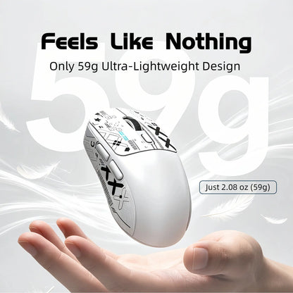 T-WOLF X4 59G Ultra Lightweight Wireless Gaming Mouse, Tri-Mode Rechargeable Multi-Device Mouse, 1000Hz Polling Rate, Programmable Mouse Driver Support, Sticker Kit for Personal Style, Fast Response Gamer Stuff for PC Gaming & Desk Setup, White & Black