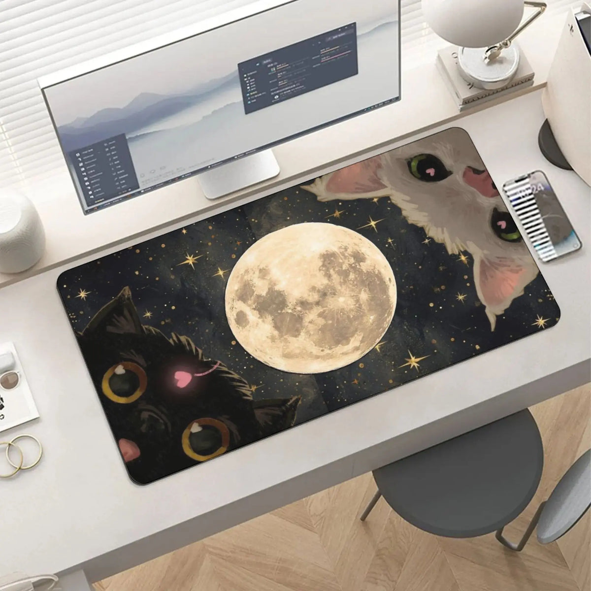 Cute Cat Gaming Mouse Pad Large 31.5 X 15.75In Topographic Keyboard Mousepad for Non-Slip Base and Stitched Edge, Extended Desk Pad XL Desk Mat