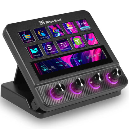 Mirabox Programmable USB Macro Pad Shortcut Keyboard for Gamers - 10 Visual LCD Keys, 4 Knobs, Touchbar Screen, Pc/Mac Desk Accessories, Streaming Equipment for OBS, Streamlabs, Twitter, Youtube, Excel Office Setup