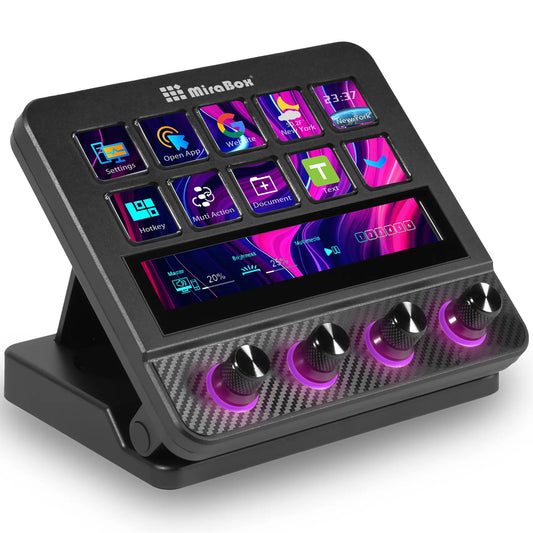 Mirabox Programmable USB Macro Pad Shortcut Keyboard for Gamers - 10 Visual LCD Keys, 4 Knobs, Touchbar Screen, Pc/Mac Desk Accessories, Streaming Equipment for OBS, Streamlabs, Twitter, Youtube, Excel Office Setup
