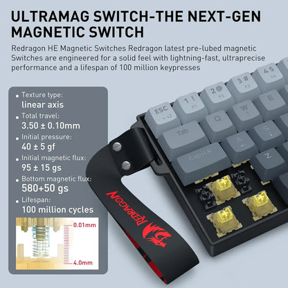 Redragon K617 HE Wired Hall-Effect Rapid Trigger Magnetic Gaming Keyboard - 8K Polling, Adjustable Actuation, 61-Keys Design for More Aim Room, Swap-Ready Mod Socket, RGB Pro Software Supported, for PC Gamers