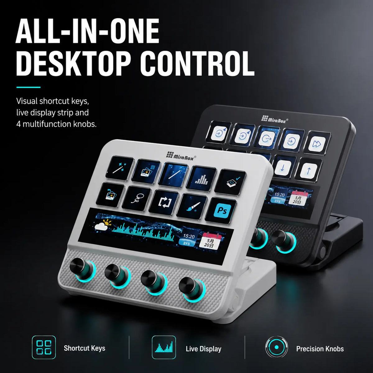 Mirabox Programmable USB Macro Pad Shortcut Keyboard for Gamers - 10 Visual LCD Keys, 4 Knobs, Touchbar Screen, Pc/Mac Desk Accessories, Streaming Equipment for OBS, Streamlabs, Twitter, Youtube, Excel Office Setup
