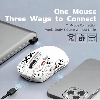 T-WOLF X4 59G Ultra Lightweight Wireless Gaming Mouse, Tri-Mode Rechargeable Multi-Device Mouse, 1000Hz Polling Rate, Programmable Mouse Driver Support, Sticker Kit for Personal Style, Fast Response Gamer Stuff for PC Gaming & Desk Setup, White & Black