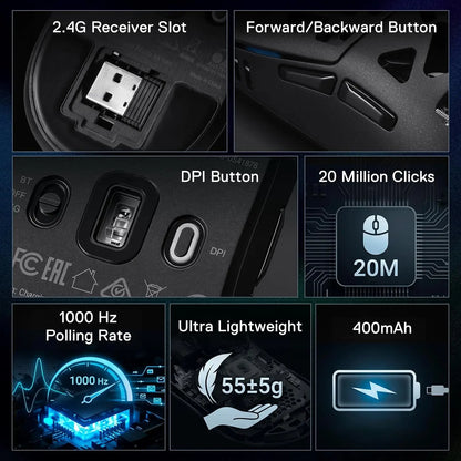 Redragon M997 3-Mode Wireless Lightweight Gaming Mouse - Magnesium Alloy Shell, High Precision, Long-Lasting, Remappable Keys, 0-Delay Cable-Free, Ergo Grip, Ergonomic Body Comfort, Gaming Accessories, Computer Game Hardware